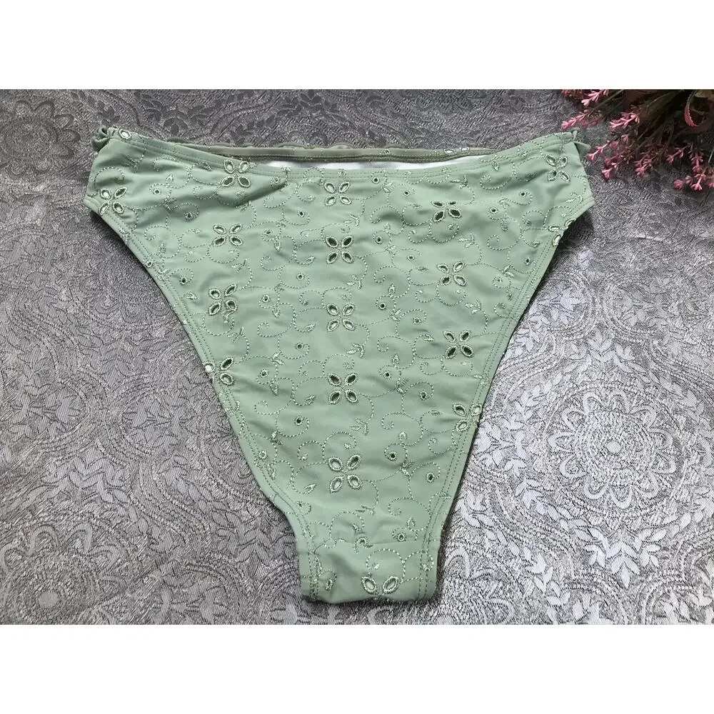 VGT Nasty Gal COLLECTIO Women's 4 Bikini Bottom GREEN EMBROIDERY Cheeky Swimwear